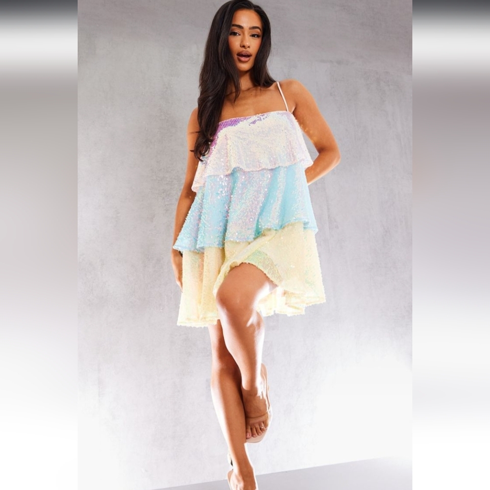 NWT PrettyLittleThing Petite Multicolor Sequin Ruffle Dress